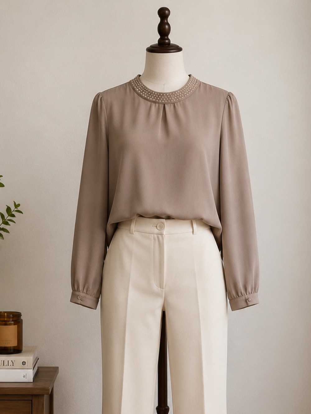 Simons Taupe Long-Sleeve Blouse with Studded Collar